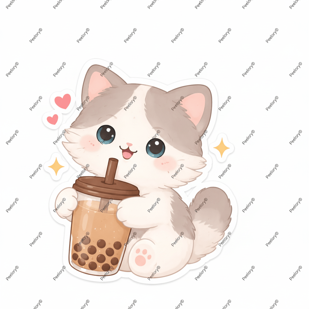 Kawaii Kitten with Bubble Tea Sticker - Peelory